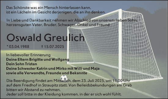 Traueranzeige von Oswald Greulich von Lausitzer Rundschau