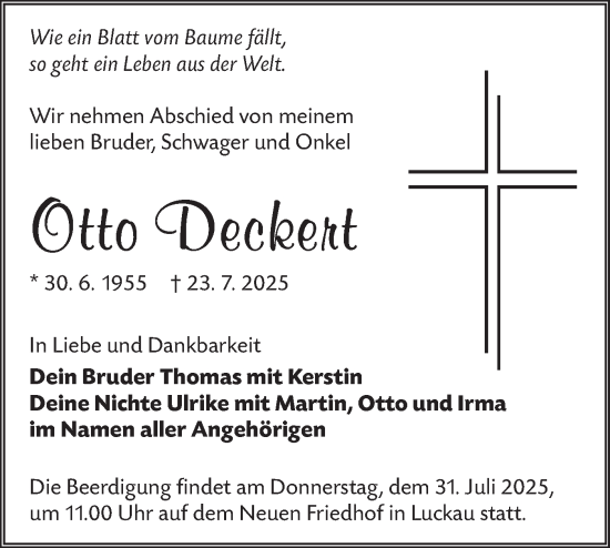 Traueranzeige von Otto Deckert von Lausitzer Rundschau