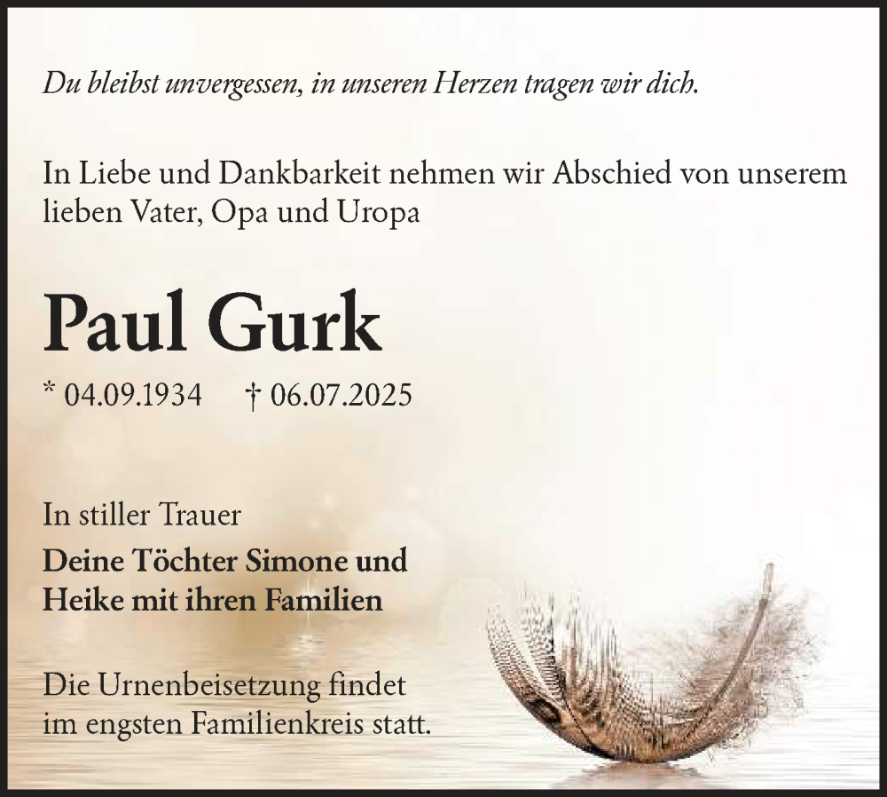  Traueranzeige für Paul Gurk vom 19.07.2025 aus Lausitzer Rundschau