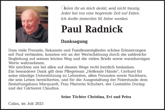 Traueranzeige von Paul Radnick von Lausitzer Rundschau