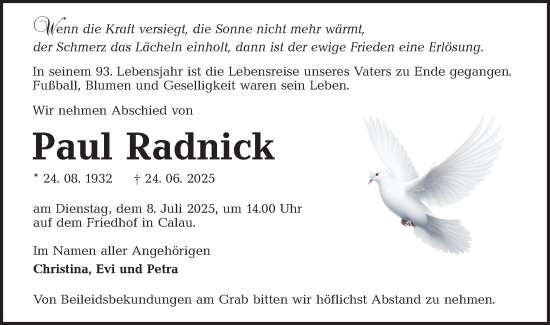 Traueranzeige von Paul Radnick von Lausitzer Rundschau