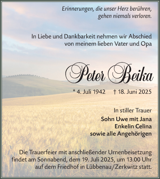 Traueranzeige von Peter Beika von Lausitzer Rundschau
