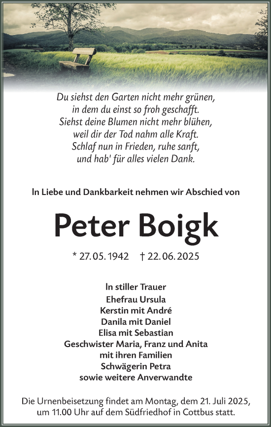 Traueranzeige von Peter Boigk von Lausitzer Rundschau