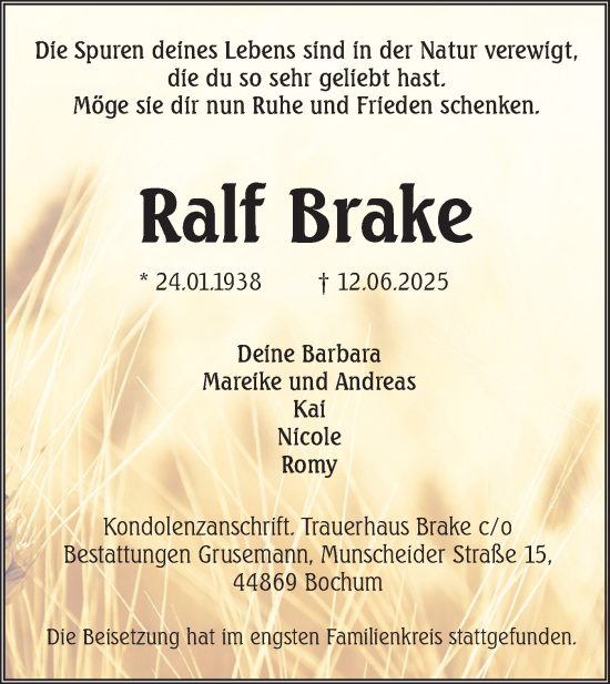 Traueranzeige von Ralf Brake von Lausitzer Rundschau
