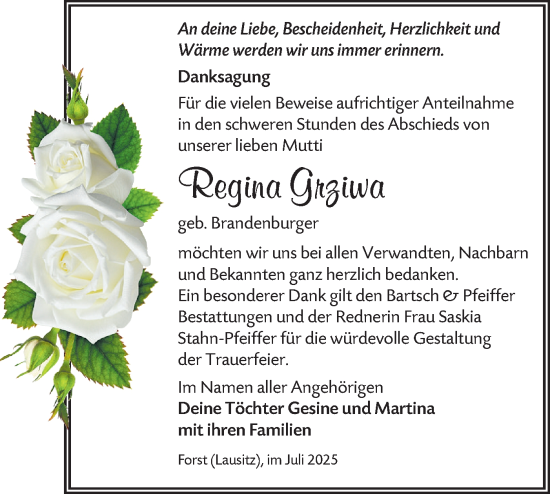 Traueranzeige von Regina Grziwa von Lausitzer Rundschau