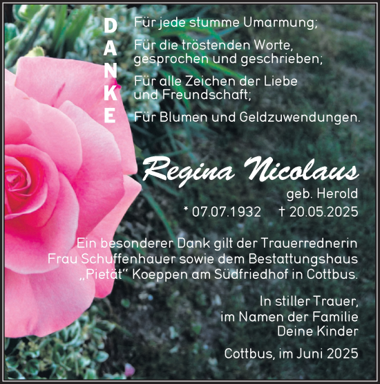 Traueranzeige von Regina Nicolaus von Lausitzer Rundschau