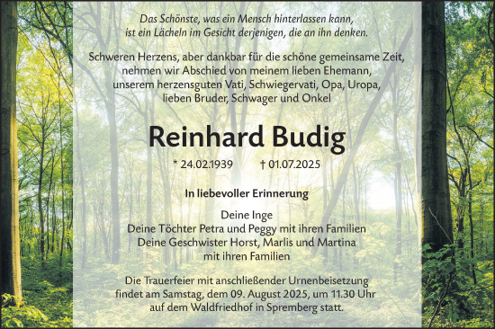 Traueranzeige von Reinhard Budig von Lausitzer Rundschau