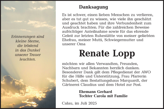 Traueranzeige von Renate Lopp von Lausitzer Rundschau