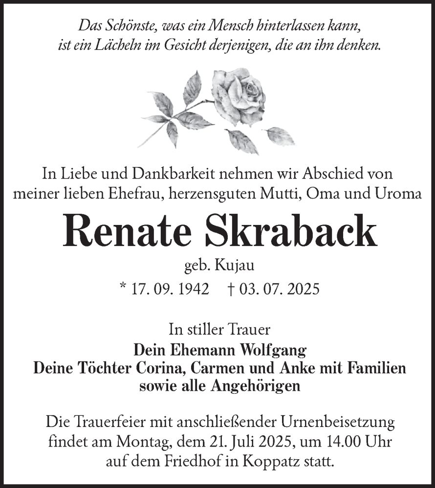  Traueranzeige für Renate Skraback vom 12.07.2025 aus Lausitzer Rundschau