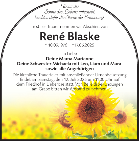 Traueranzeige von René Blaske von Lausitzer Rundschau