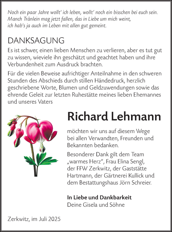 Traueranzeige von Richard Lehmann von Lausitzer Rundschau