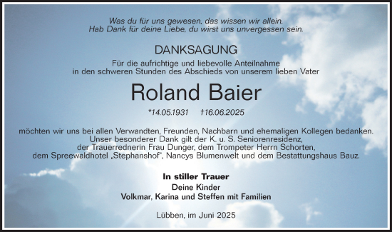Traueranzeige von Roland Baier von Lausitzer Rundschau