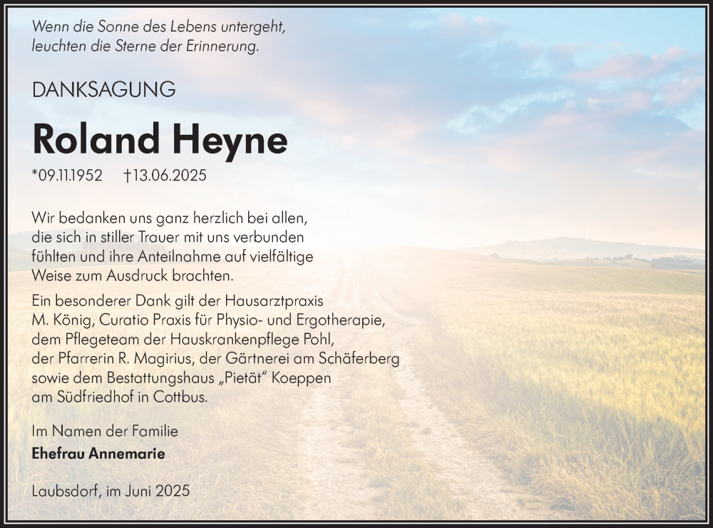  Traueranzeige für Roland Heyne vom 05.07.2025 aus Lausitzer Rundschau