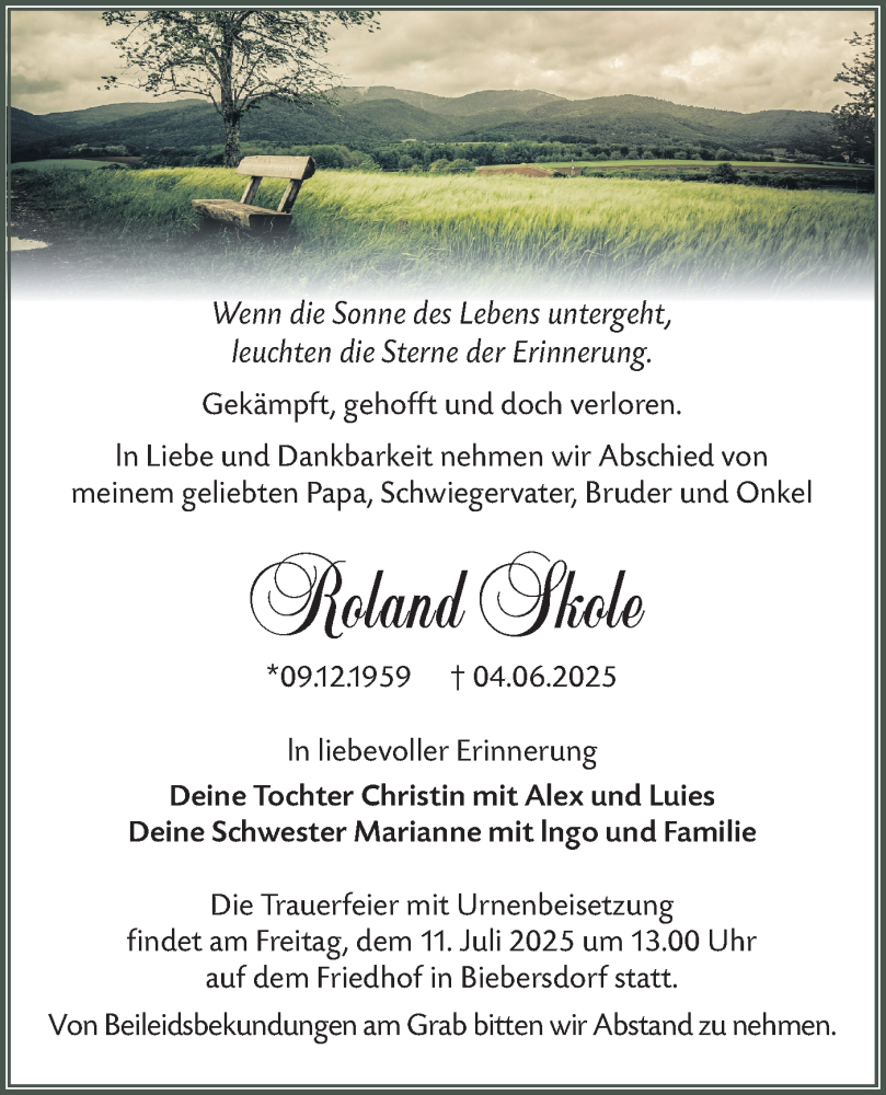  Traueranzeige für Roland Skole vom 05.07.2025 aus Lausitzer Rundschau