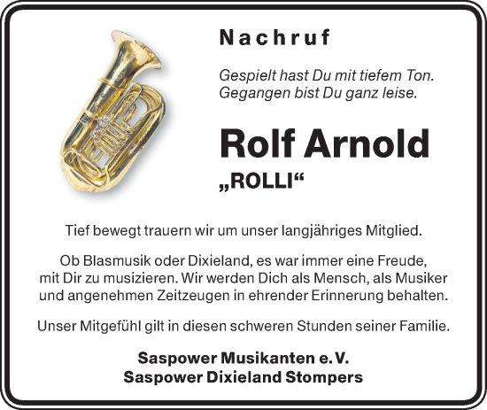 Traueranzeige von Rolf Arnold von Lausitzer Rundschau