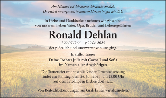Traueranzeige von Ronald Dehlan von Lausitzer Rundschau