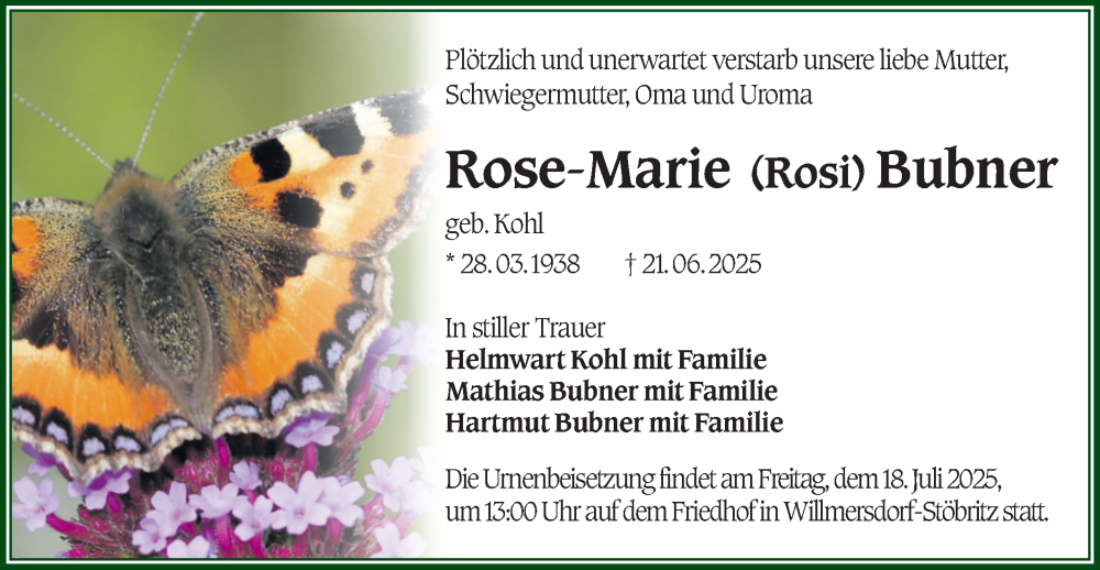  Traueranzeige für Rose-Marie Bubner vom 05.07.2025 aus Lausitzer Rundschau