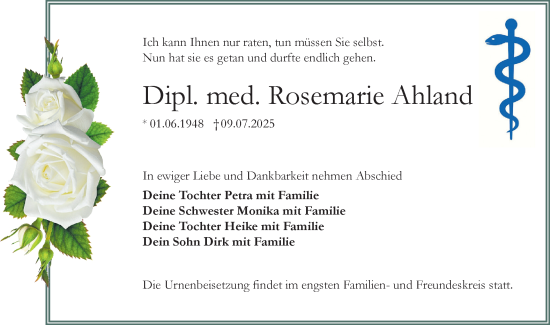 Traueranzeige von Rosemarie Ahland von Lausitzer Rundschau