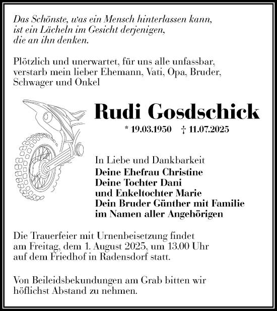 Traueranzeige von Rudi Gosdschick von Lausitzer Rundschau