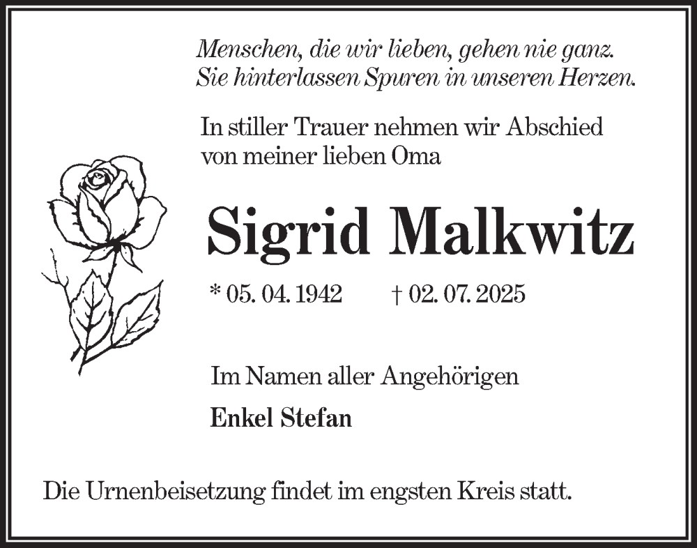  Traueranzeige für Sigrid Malkwitz vom 12.07.2025 aus Lausitzer Rundschau