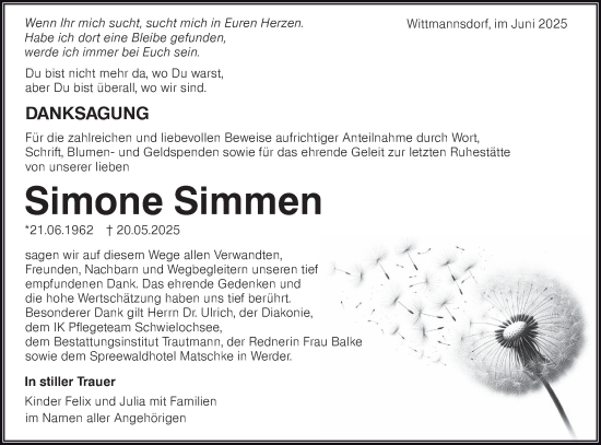 Traueranzeige von Simone Simmen von Lausitzer Rundschau