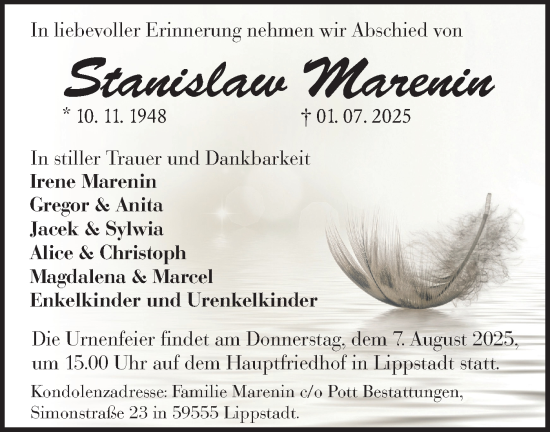 Traueranzeige von Stanislaw Marenin von Lausitzer Rundschau