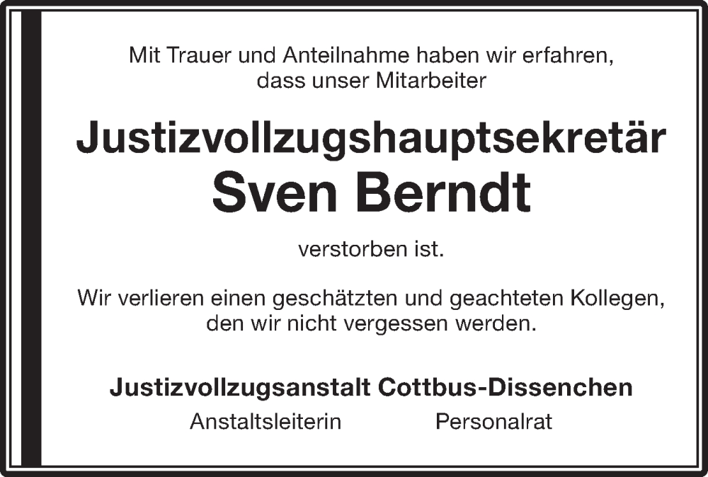  Traueranzeige für Sven Berndt vom 26.07.2025 aus Lausitzer Rundschau