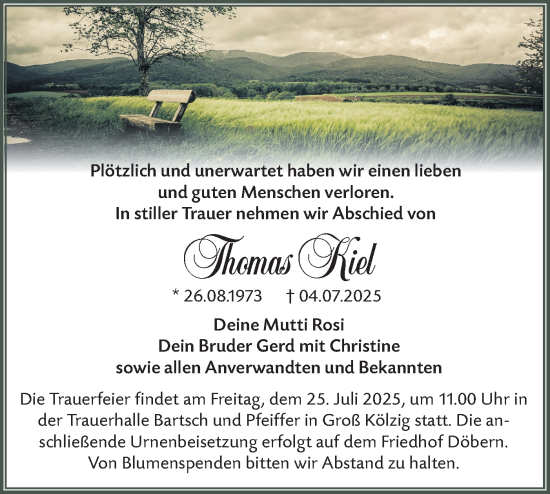 Traueranzeige von Thomas Kiel von Lausitzer Rundschau