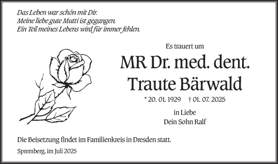 Traueranzeige von Traute Bärwald von Lausitzer Rundschau
