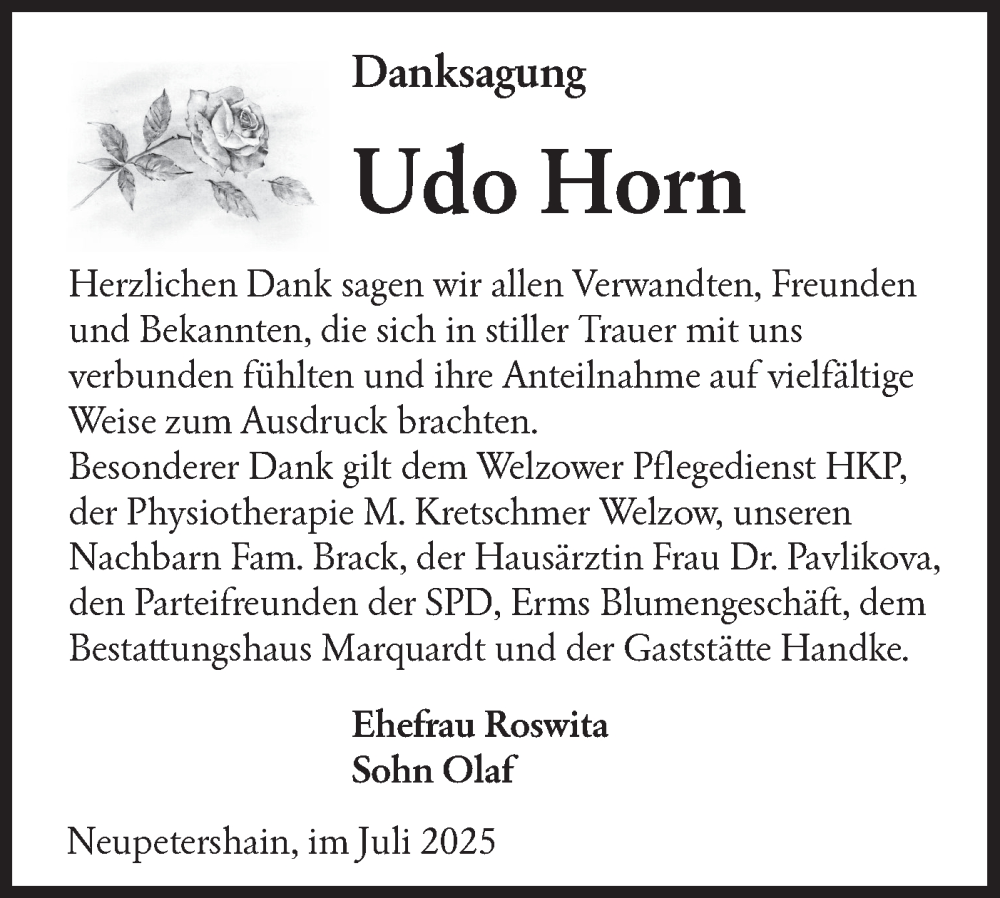  Traueranzeige für Udo Horn vom 12.07.2025 aus Lausitzer Rundschau