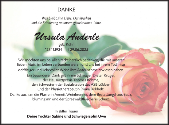Traueranzeige von Ursula Anderle von Lausitzer Rundschau
