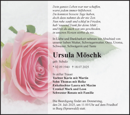 Traueranzeige von Ursula Möschk von Lausitzer Rundschau