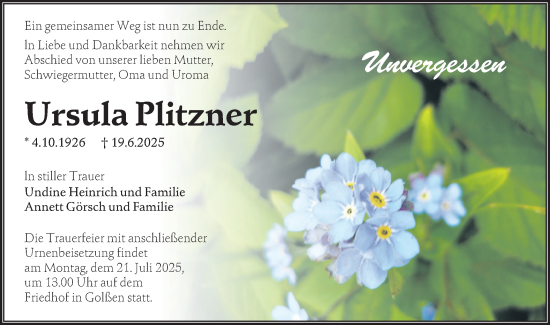 Traueranzeige von Ursula Plitzner von Lausitzer Rundschau
