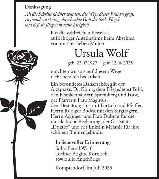 Traueranzeige von Ursula Wolf von Lausitzer Rundschau