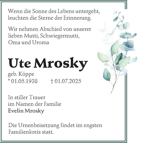 Traueranzeige von Ute Mrosky von Lausitzer Rundschau