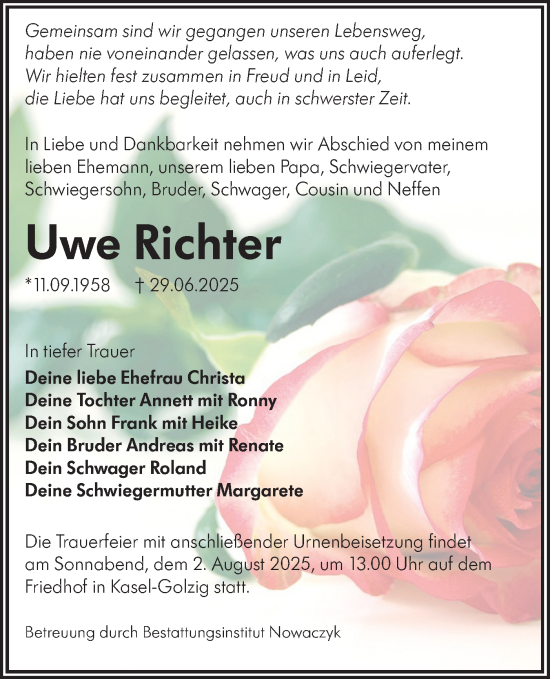 Traueranzeige von Uwe Richter von Lausitzer Rundschau