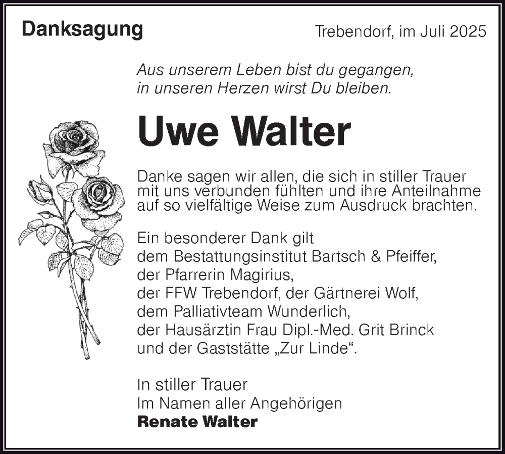  Traueranzeige für Uwe Walter vom 26.07.2025 aus Lausitzer Rundschau