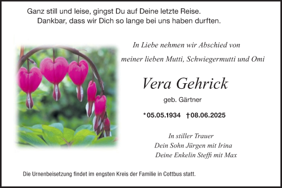 Traueranzeige von Vera Gehrick von Lausitzer Rundschau