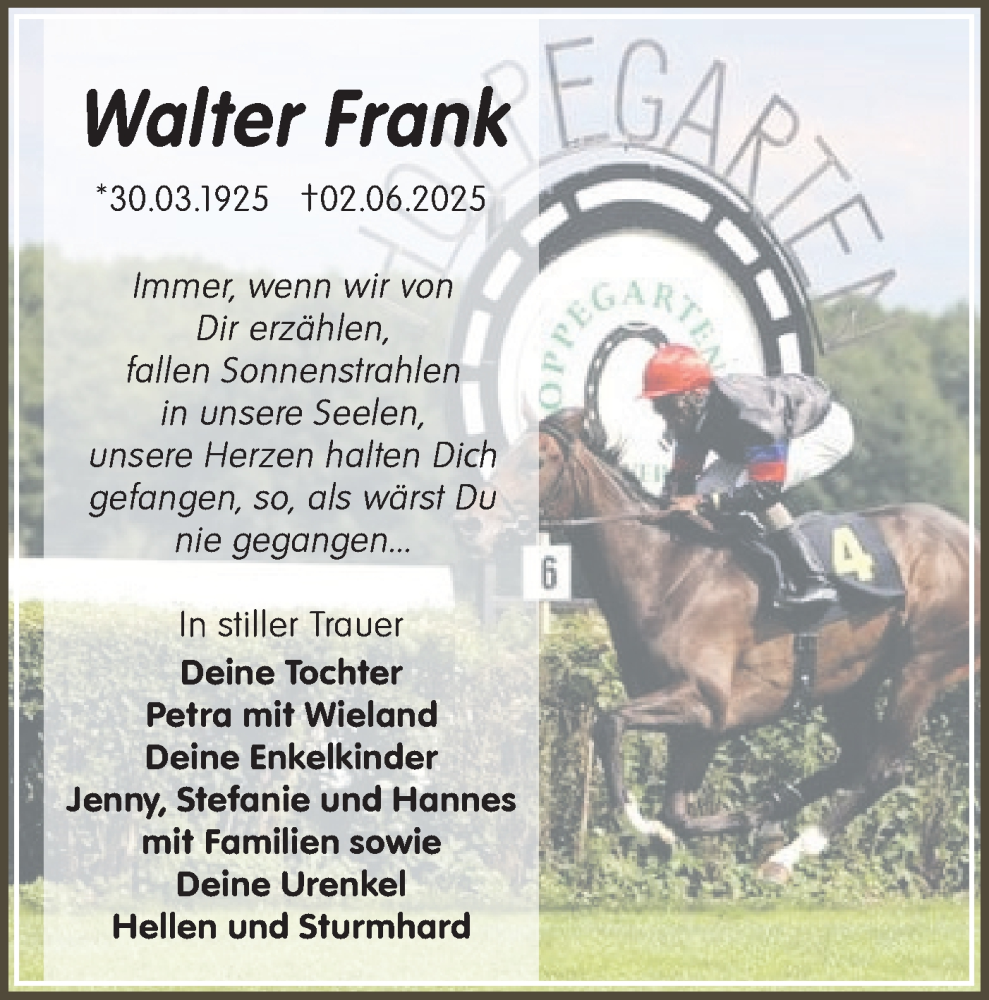 Traueranzeige für Walter Frank vom 19.07.2025 aus Lausitzer Rundschau