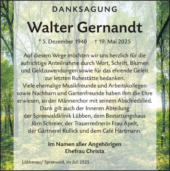 Traueranzeige von Walter Gernandt von Lausitzer Rundschau