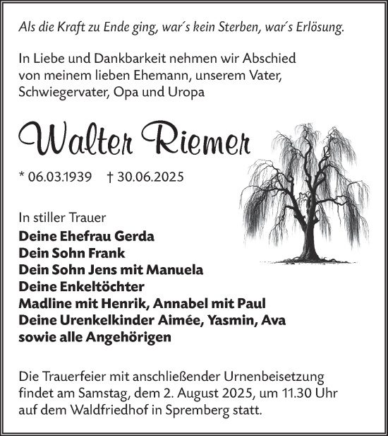 Traueranzeige von Walter Riemer von Lausitzer Rundschau