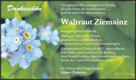 Traueranzeige von Waltraut Ziemainz von Lausitzer Rundschau
