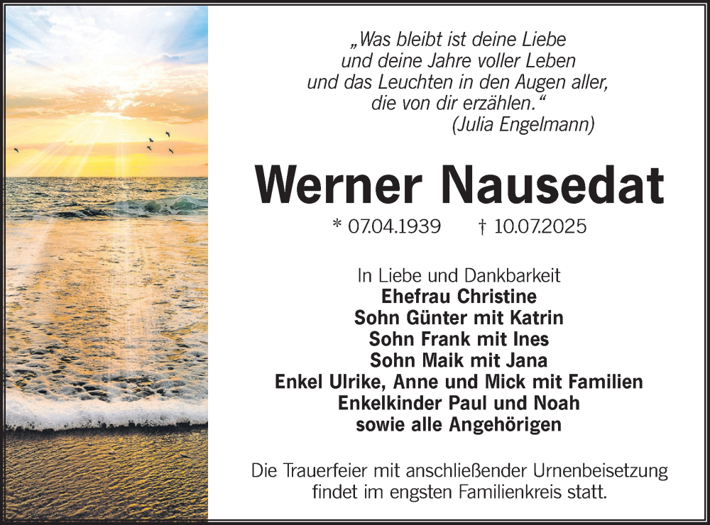  Traueranzeige für Werner Nausedat vom 19.07.2025 aus Lausitzer Rundschau