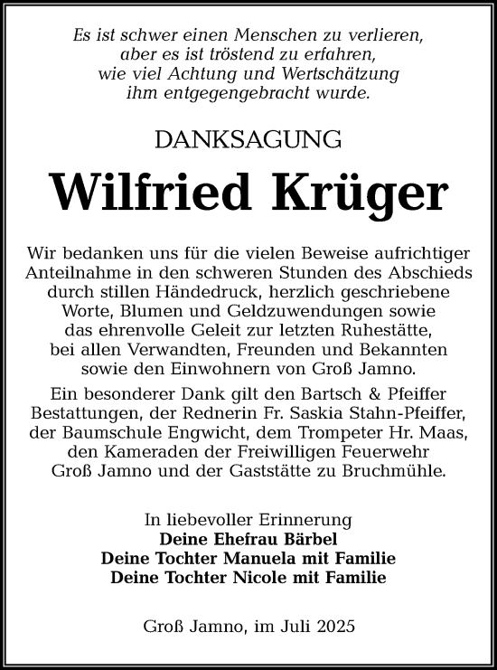 Traueranzeige von Wilfried Krüger von Lausitzer Rundschau