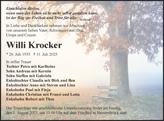 Traueranzeige von Willi Krocker von Lausitzer Rundschau