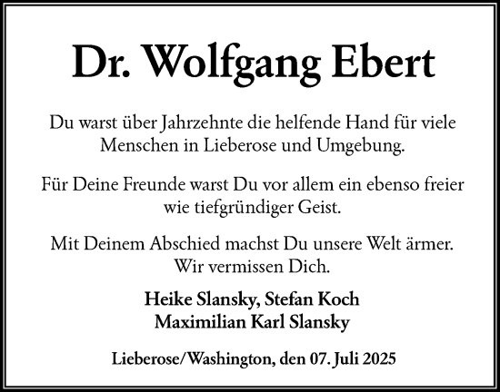 Traueranzeige von Wolfgang Ebert von Lausitzer Rundschau
