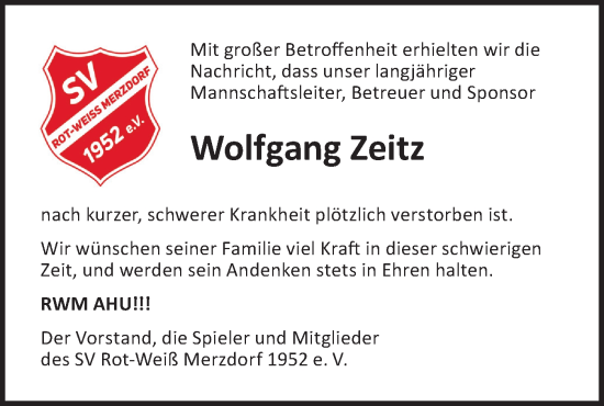 Traueranzeige von Wolfgang Zeitz von Lausitzer Rundschau