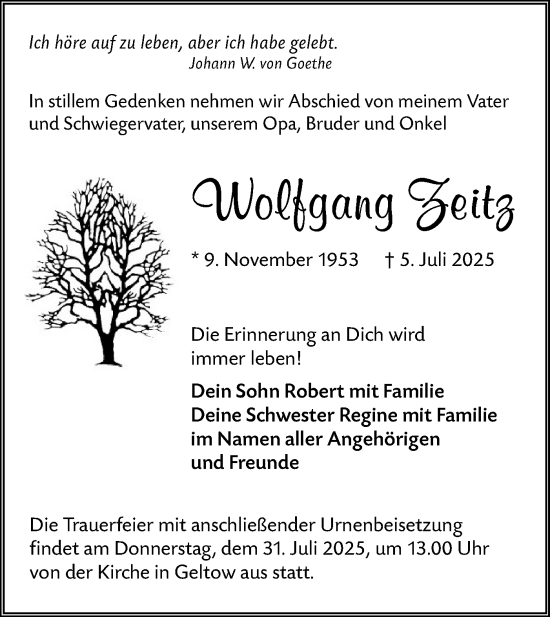 Traueranzeige von Wolfgang Zeitz von Lausitzer Rundschau