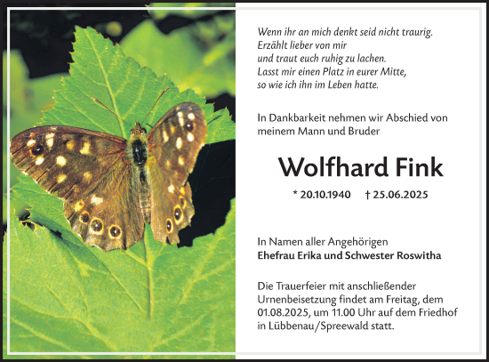 Traueranzeige von Wolfhard Fink von Lausitzer Rundschau