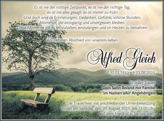 Traueranzeige von Alfred Gleich von Lausitzer Rundschau